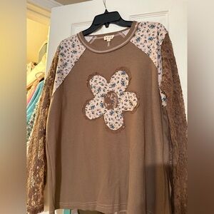 POL Brown Floral Applique Lace Sleeve Top